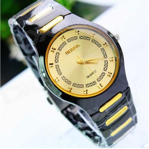 Dial preto dos homens & Ouro Aço Alloy pulseira analógico